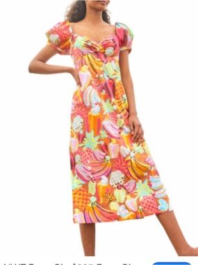 F986. NWT Farm  Rio $225 Fruit Salad Maxi Dress Tropical Fruit-Print Puff